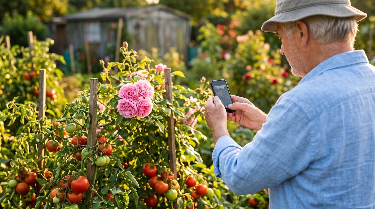Großvater fotografiert im Garten mit dem Smartphone sein Tomatenbeet mit blühenden Rosen