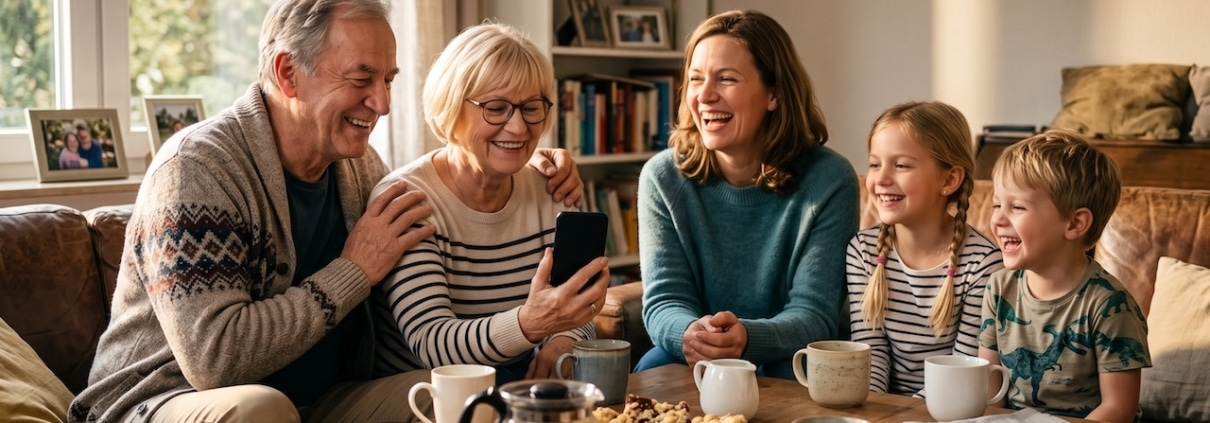 Drei Generationen einer Familie sitzen lachend beim Kaffee, die Großmutter hält ihr Smartphone in der Hand
