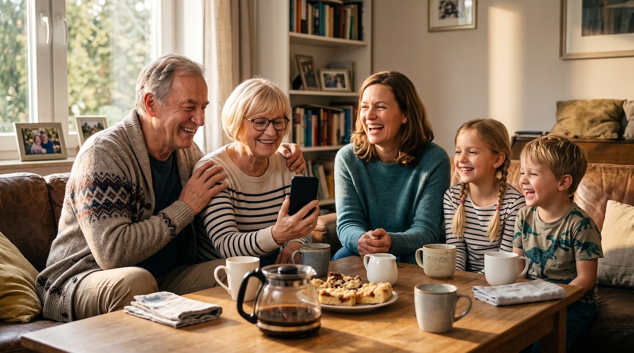 Drei Generationen einer Familie sitzen lachend beim Kaffee, die Großmutter hält ihr Smartphone in der Hand