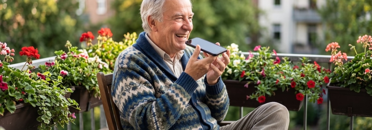 Großvater sitzt auf dem Balkon und spricht eine Sprachnachricht in sein waagerecht vor den Mund gehaltenes Smartphone