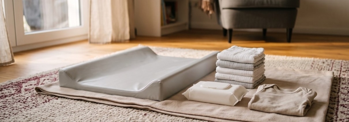 Wickelplatz auf dem Fußboden mit Wickelunterlage, Windeln und Wechselkleidung