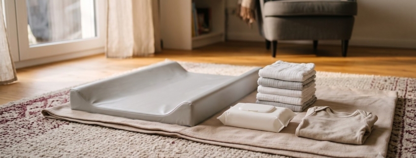 Wickelplatz auf dem Fußboden mit Wickelunterlage, Windeln und Wechselkleidung