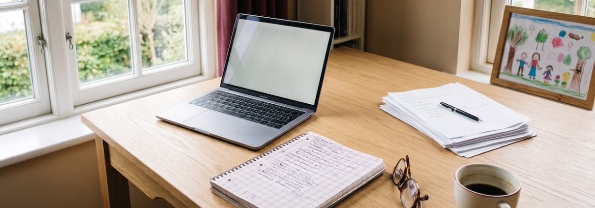 Schreibtisch mit Laptop, Notizblock, Lesebrille und Ausdrucken am Fenster