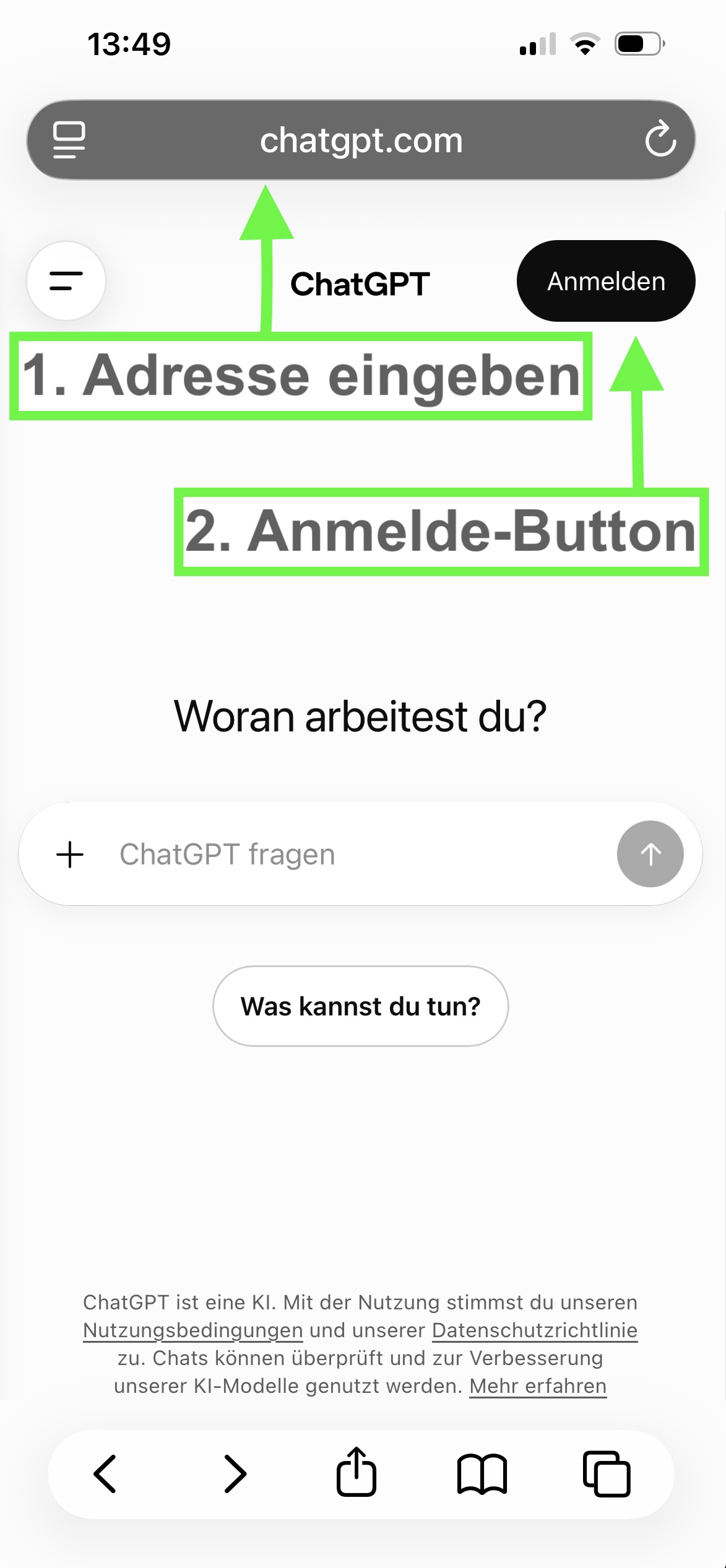 ChatGPT-Startseite im Safari mit markierter Adresszeile und Anmelde-Knopf
