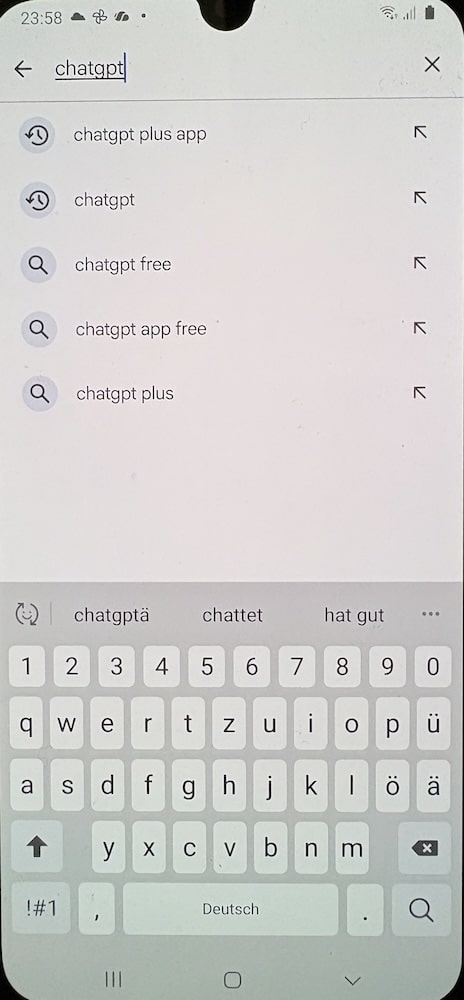 Das Suchfeld im Play Store mit dem eingetippten Wort chatgpt