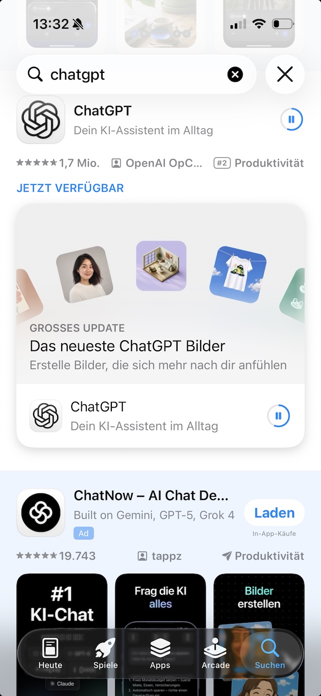 Die Suche im App Store mit dem eingegebenen Wort ChatGPT