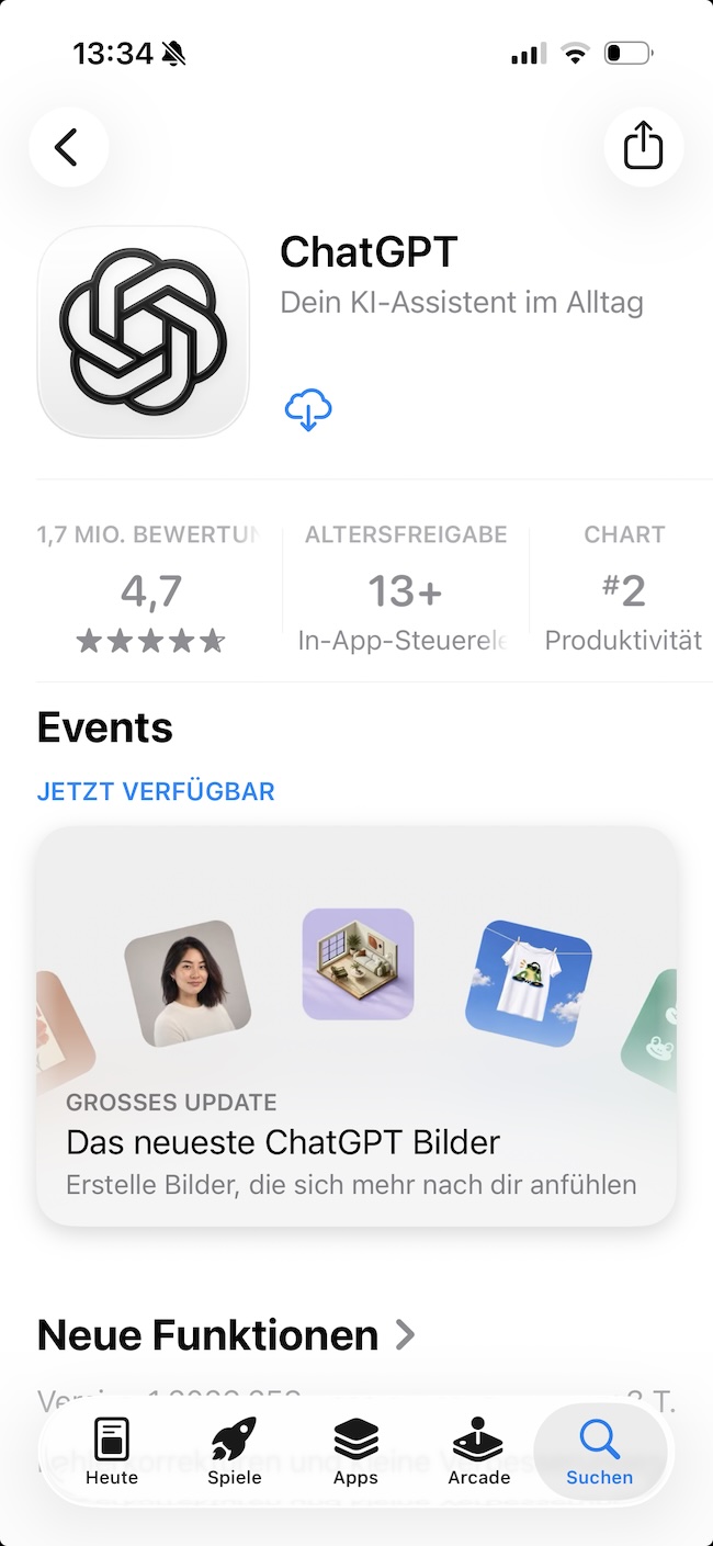 Die Seite der echten ChatGPT-App mit dem Anbieter OpenAI