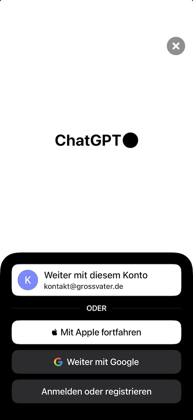 Der Anmeldebildschirm der ChatGPT-App beim ersten Start