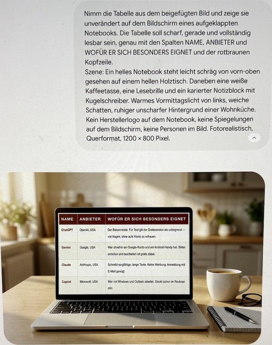 Gemini-Fenster mit dem Bildauftrag und dem daraus entstandenen Foto für grossvater.de