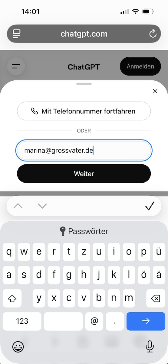E-Mail-Adresse wird im Anmeldefenster eingetippt