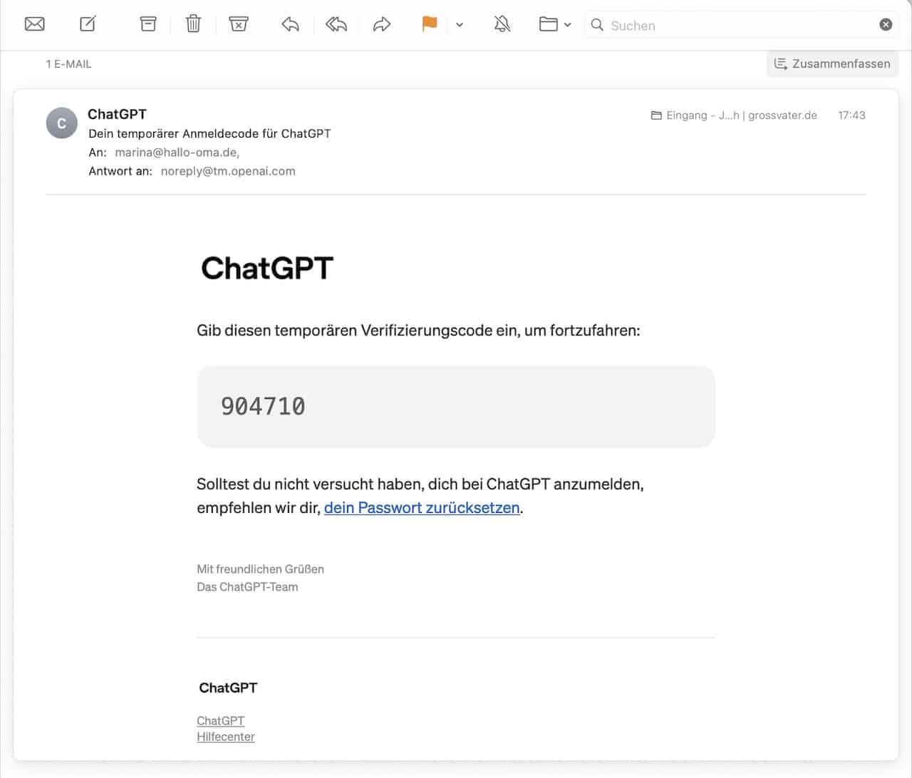 E-Mail von ChatGPT mit sechsstelligem Bestätigungscode im Mail-Programm