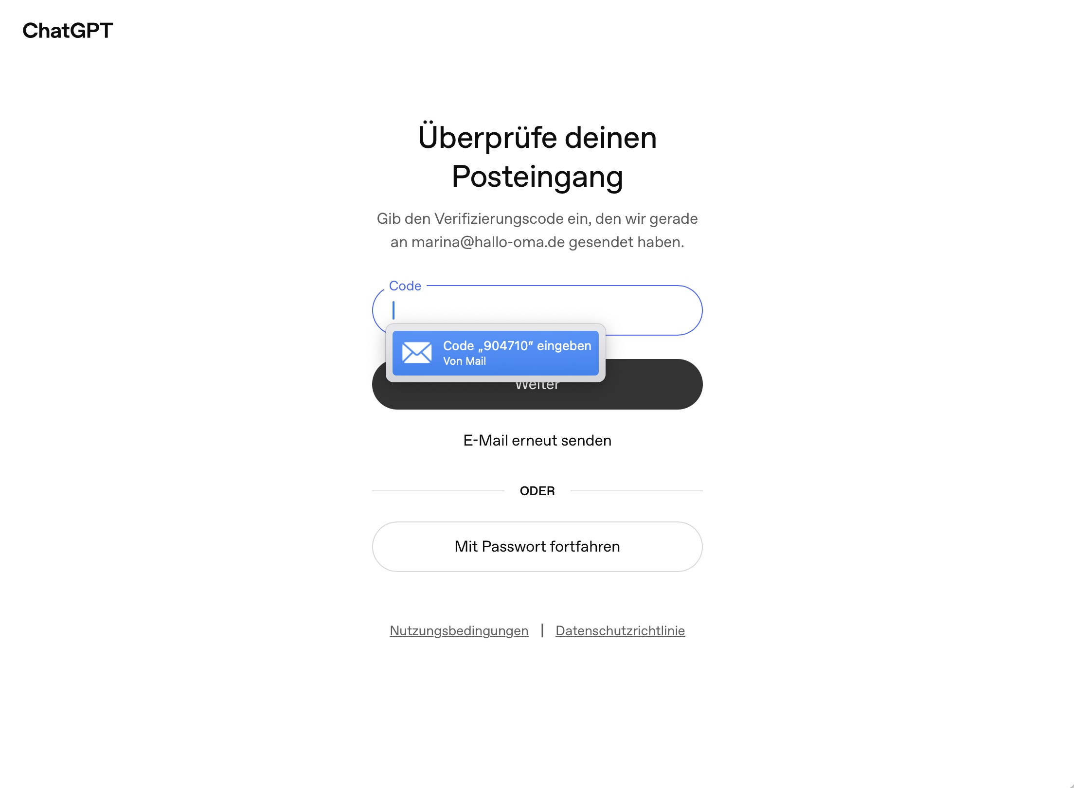 Eingabefeld für den Verifizierungscode mit automatischem Vorschlag aus dem Mail-Programm