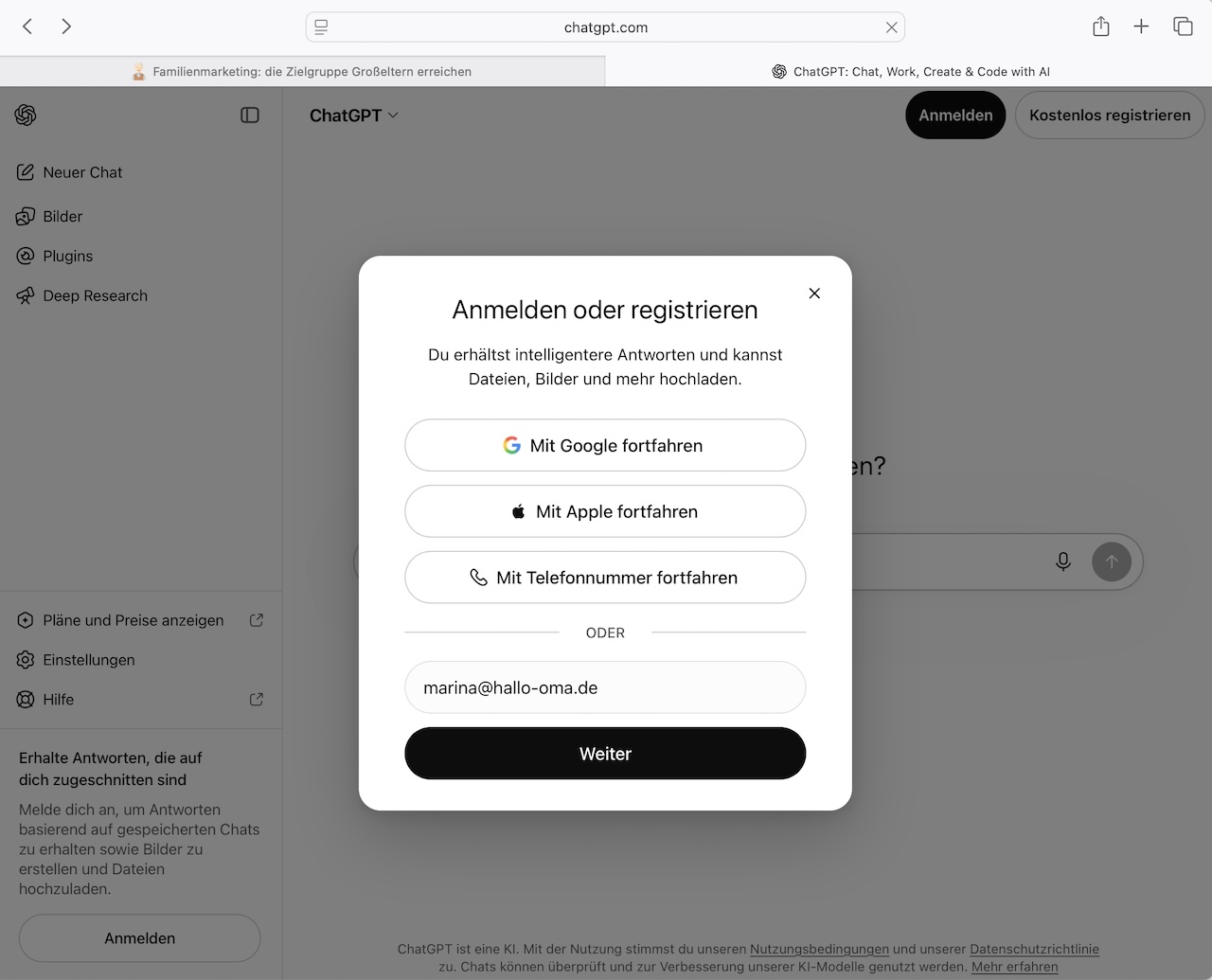 Fenster Anmelden oder registrieren mit eingetragener E-Mail-Adresse