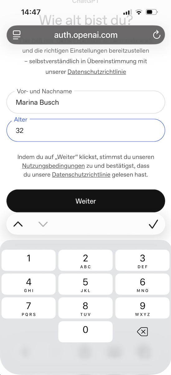 Eingabefelder für Vor- und Nachname sowie Alter bei der ChatGPT-Anmeldung