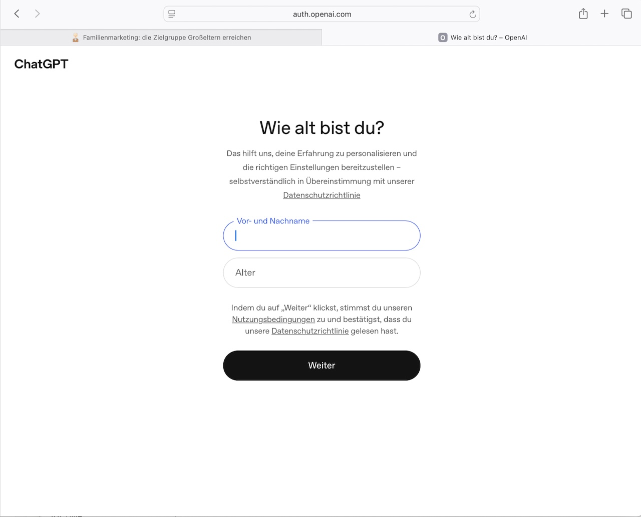 Eingabefelder für Vor- und Nachname sowie Alter bei der ChatGPT-Anmeldung am Computer