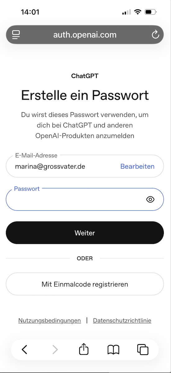 Seite Erstelle ein Passwort mit E-Mail-Adresse und Passwortfeld