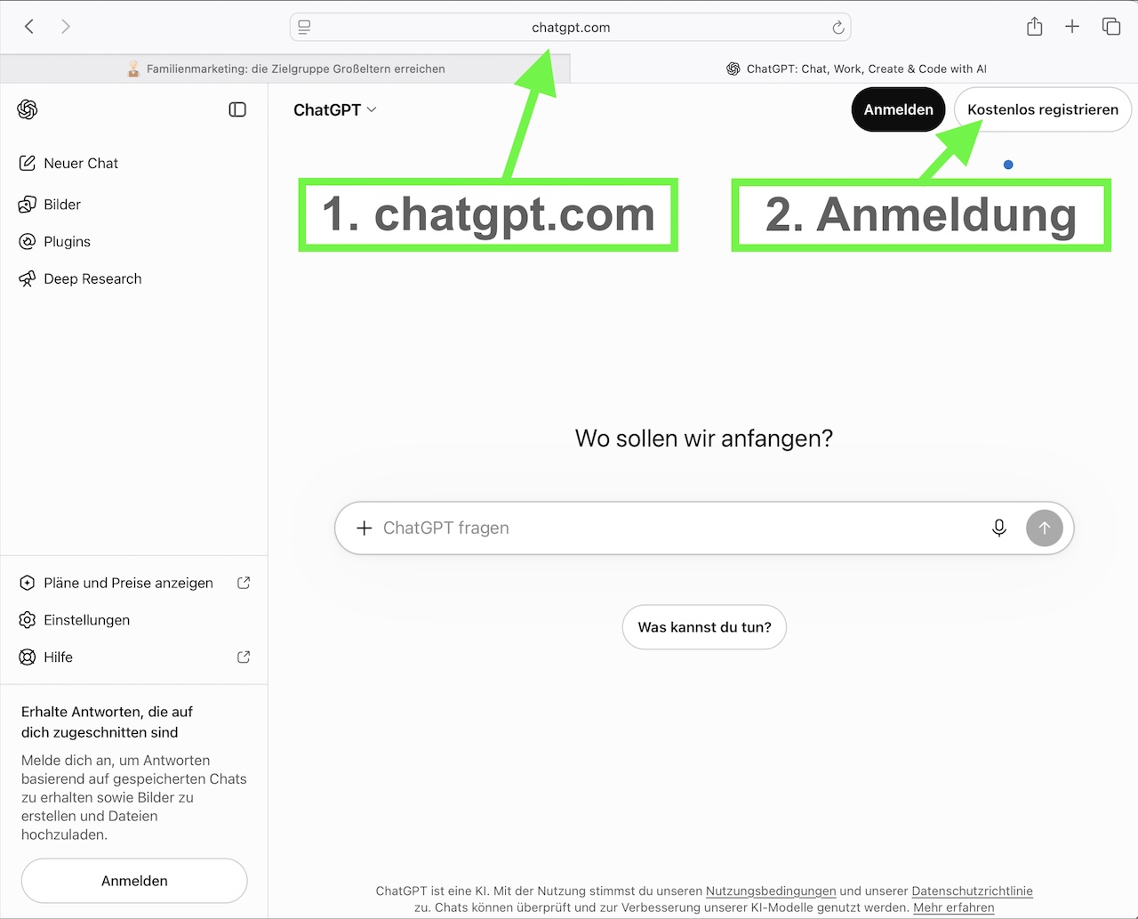 ChatGPT-Startseite im Browser mit markierter Adresszeile und dem Knopf Kostenlos registrieren