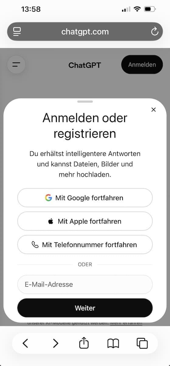 Auswahlfenster Anmelden oder registrieren mit Google, Apple, Telefonnummer und E-Mail