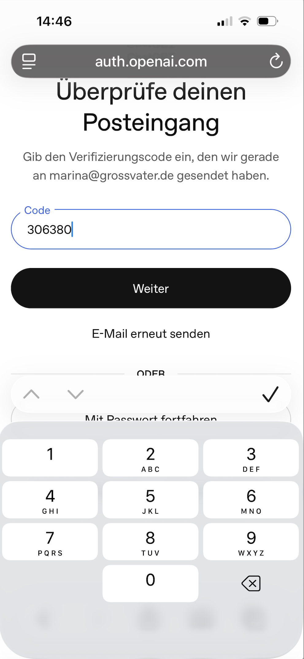 Eingabefeld für den Verifizierungscode auf der ChatGPT-Anmeldeseite