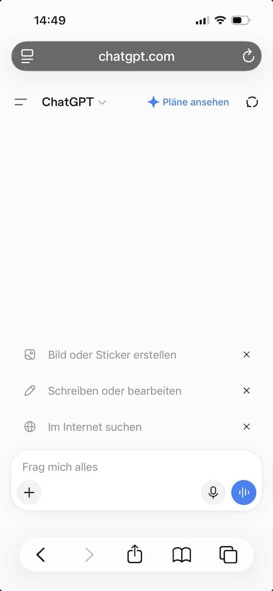 ChatGPT im Safari mit dem Eingabefeld Frag mich alles