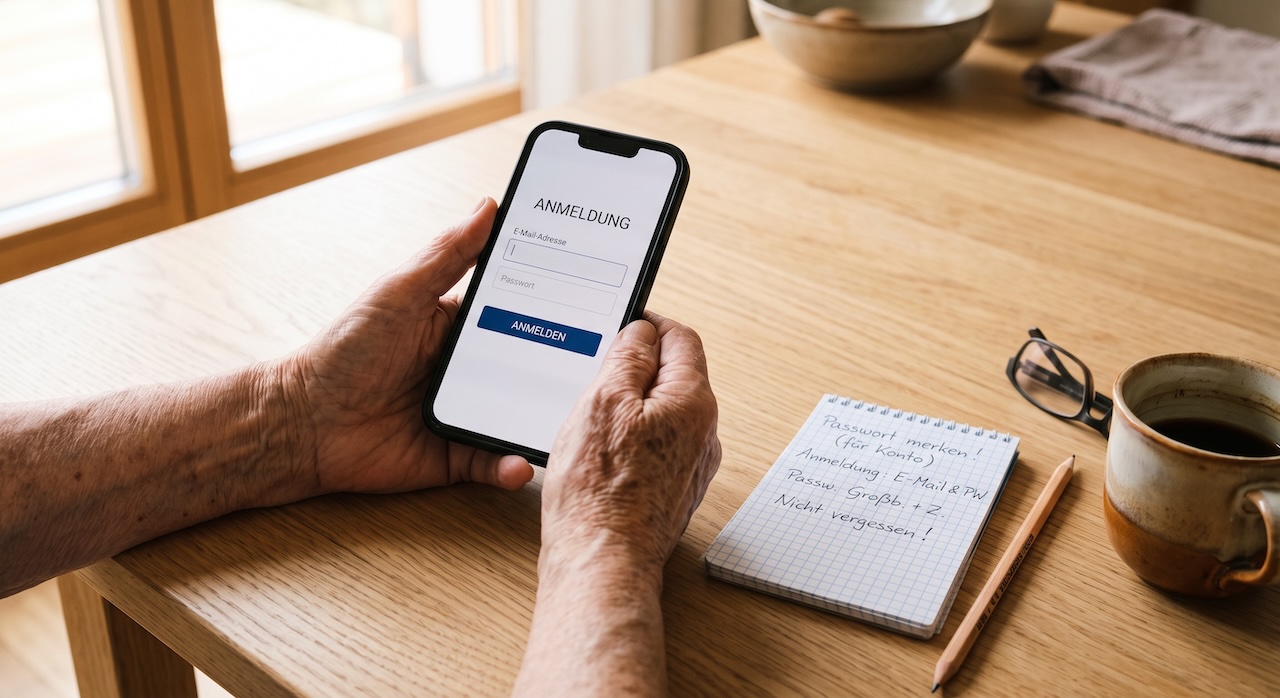 Ältere Hände halten ein iPhone mit einer Anmeldemaske, daneben ein Notizzettel mit dem aufgeschriebenen Passwort