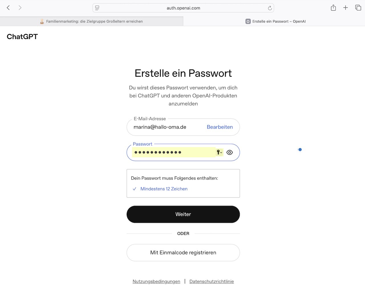 Seite Erstelle ein Passwort mit dem Passwortvorschlag des Computers
