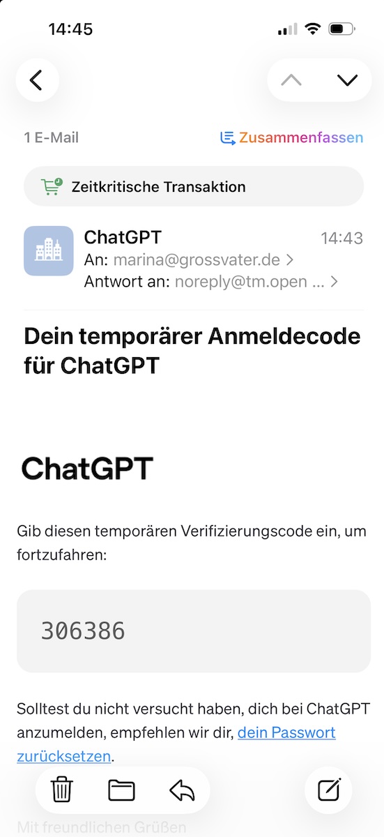 E-Mail von ChatGPT mit sechsstelligem Bestätigungscode