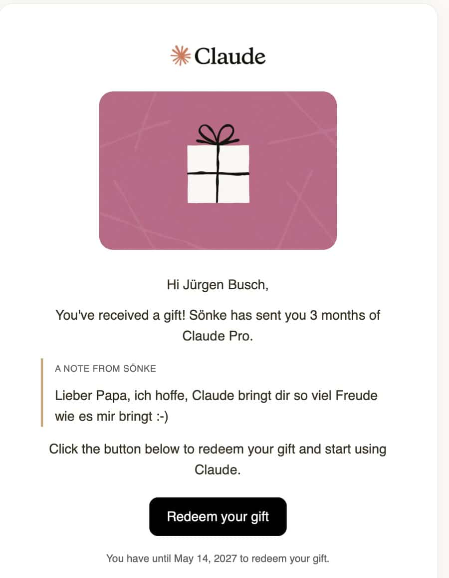 Geschenk-E-Mail: drei Monate Claude, geschenkt vom ältesten Sohn zum Vatertag 2026