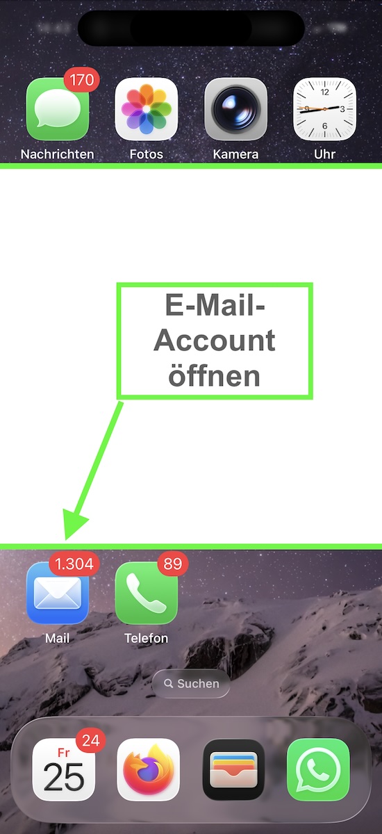iPhone-Startbildschirm mit grünem Pfeil auf das Mail-Symbol