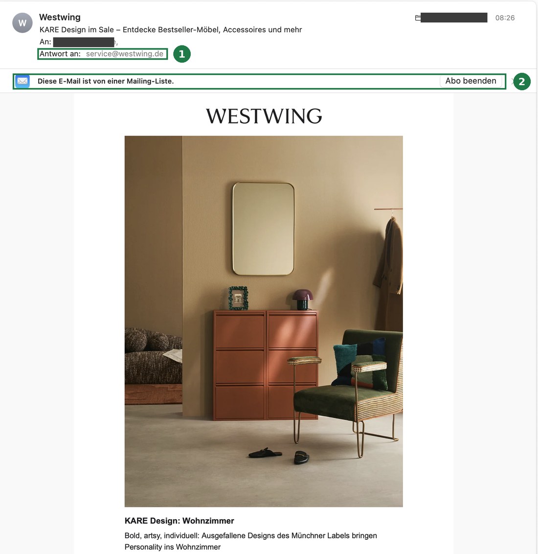 Echte Werbemail eines Möbelhändlers mit grün markierten Merkmalen