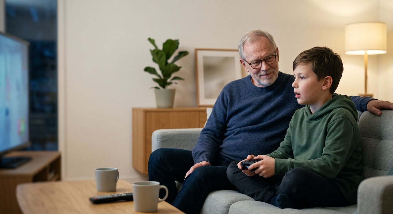 Grossvater und Enkel sitzen gemeinsam vor einem Bildschirm, der Junge haelt einen Controller