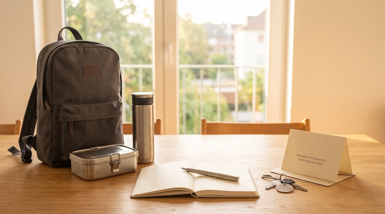 Geschenke zum Ausbildungsbeginn: Brotdose, Thermobecher, Rucksack und ein guter Kugelschreiber auf einem Holztisch