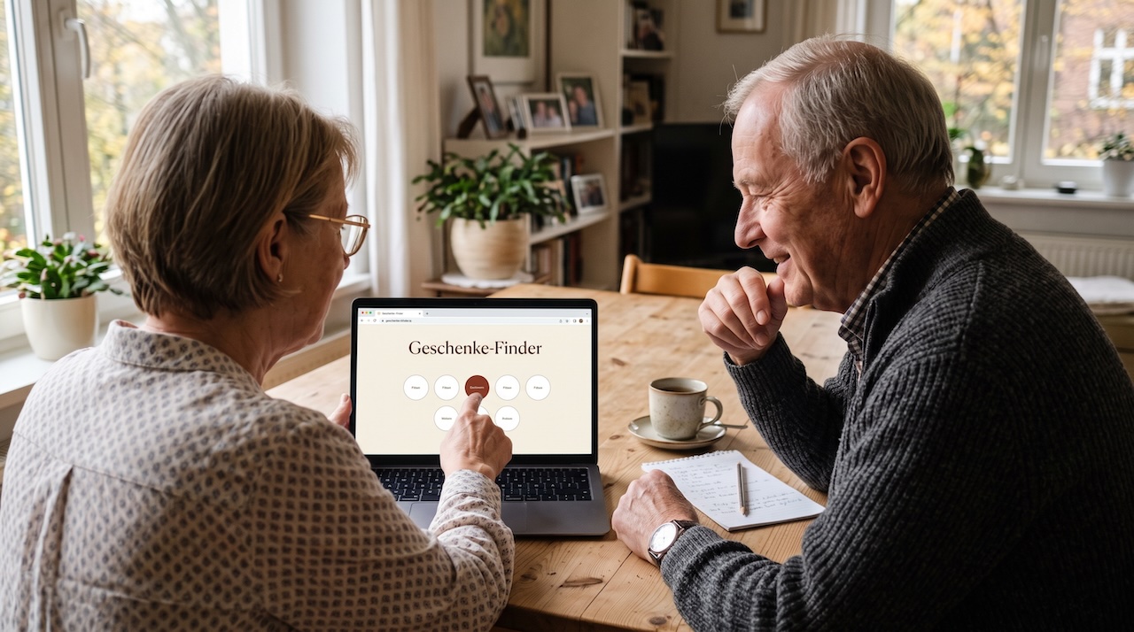 Geschenkefinder für Enkelkinder: Oma und Opa sitzen vor einem Notebook und schauen sich gemeinsam die Vorschläge an