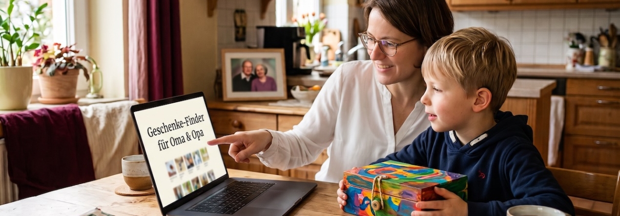 Mutter und Enkelkind wählen am Notebook ein Geschenk für Oma und Opa aus; der Junge hält eine selbstgebastelte Holzkiste