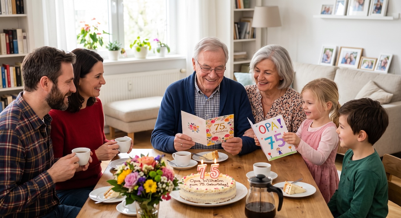 Fuenfundsiebzigjaehriger Mann mit seiner Familie an der Geburtstagstafel