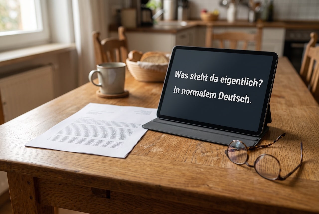 Amtlicher Brief und ein Tablet auf einem Küchentisch, auf dem Bildschirm steht: Was steht da eigentlich? In normalem Deutsch.