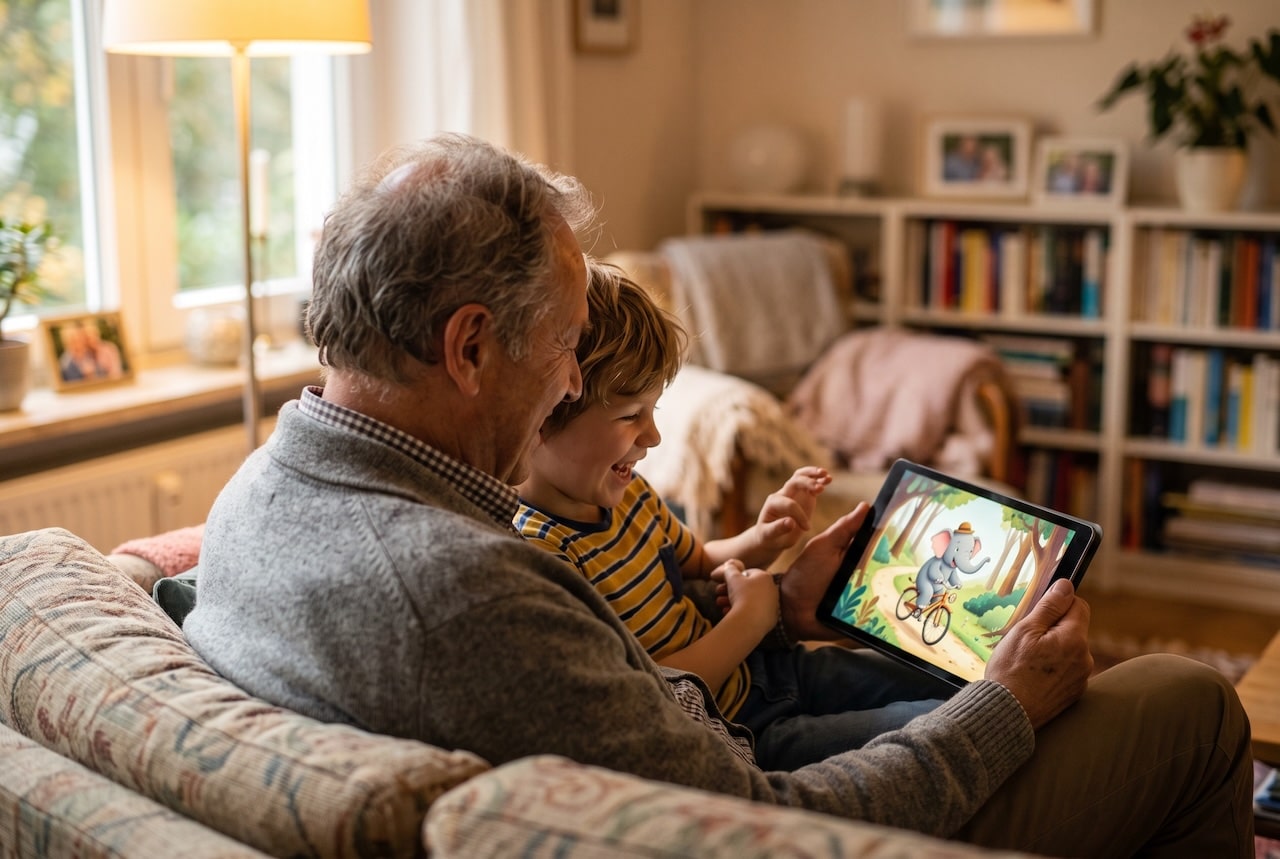 Ein älterer Mann und ein Kind schauen gemeinsam auf ein Tablet mit einer bunten Kinderbuchzeichnung