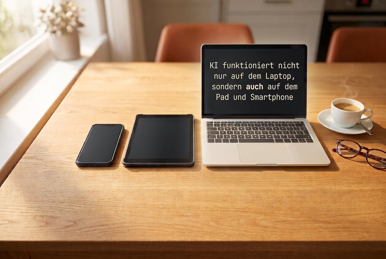 Smartphone, Tablet und Laptop auf einem Holztisch, auf dem Bildschirm steht: Zwei mögliche Wege - Browser oder App