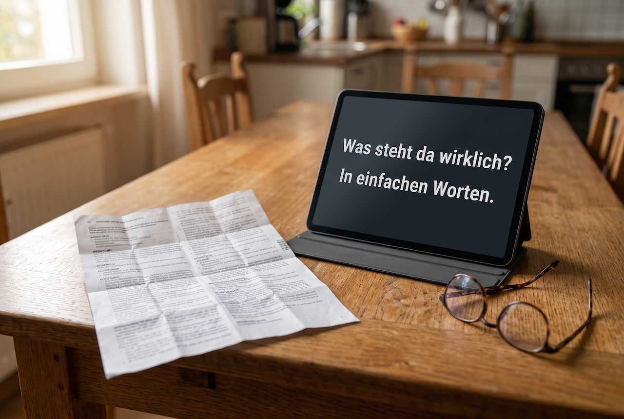 Aufgefalteter Beipackzettel auf einem Holztisch, daneben ein Tablet, auf dem Bildschirm steht: Was steht da wirklich? In einfachen Worten.