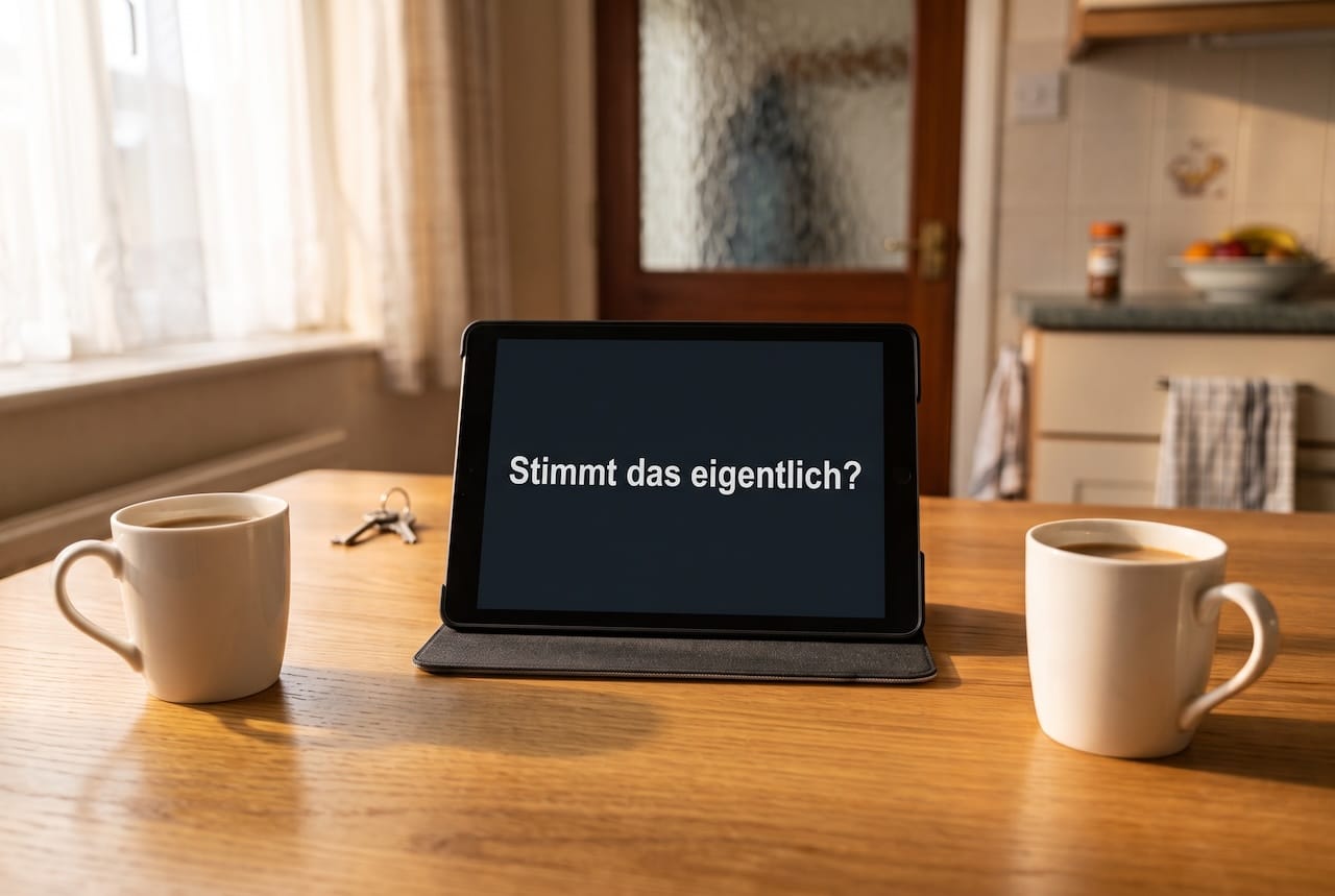 Zwei Kaffeetassen auf einem Küchentisch, dazwischen ein Tablet, auf dem Bildschirm steht: Stimmt das eigentlich?