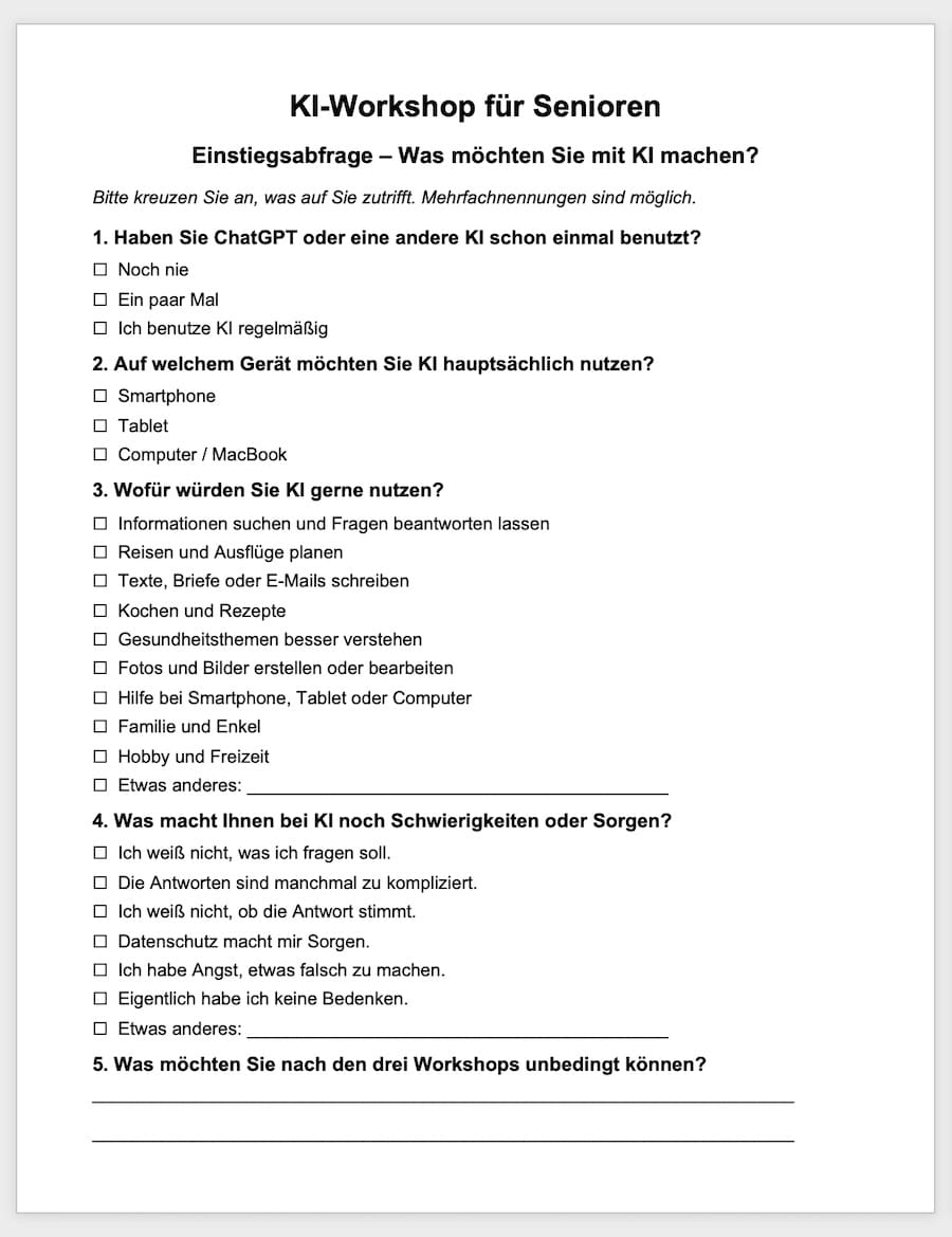 Fragebogen Einstiegsabfrage: Was möchten Sie mit KI machen — fünf Fragen zum Ankreuzen