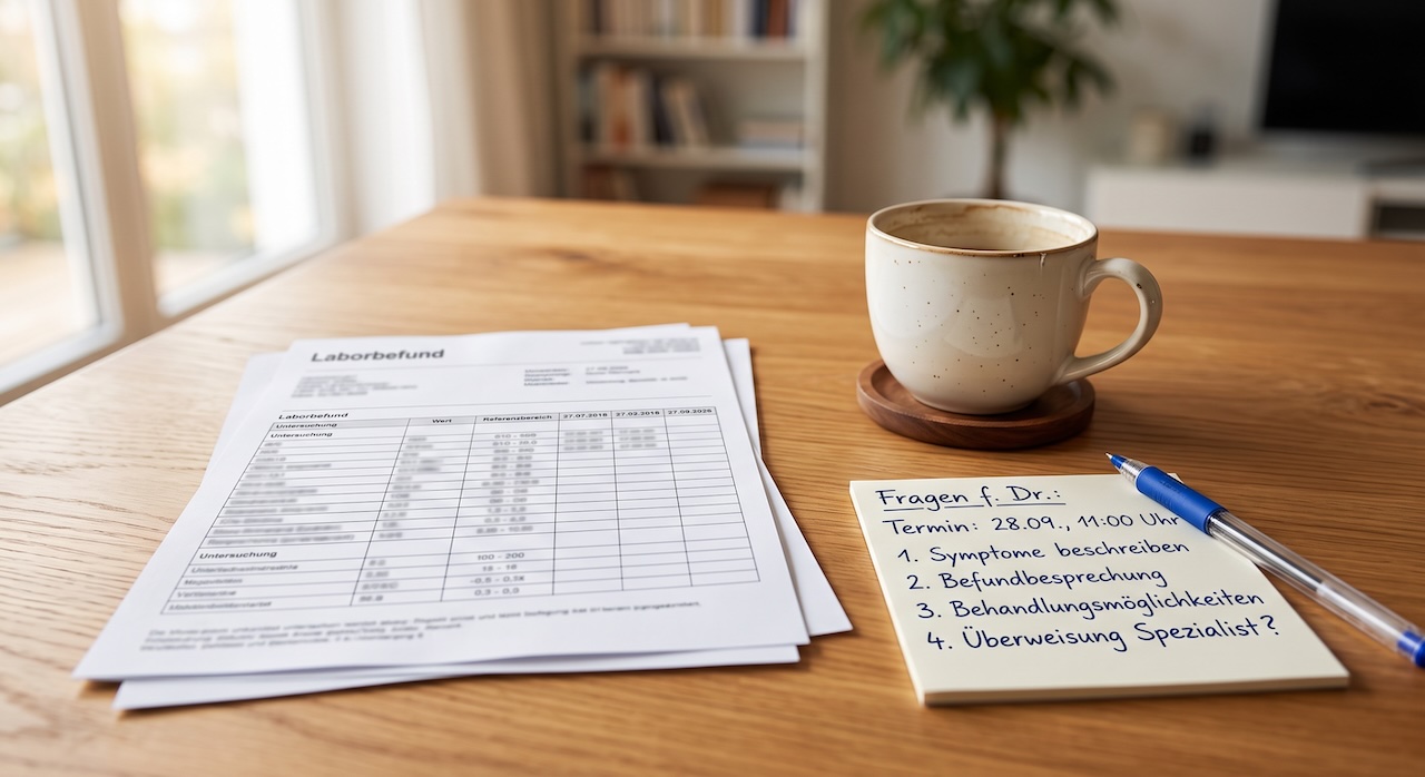 Ein Laborbefund liegt auf einem Holztisch am Fenster, daneben eine Kaffeetasse und ein Notizzettel mit handschriftlich notierten Fragen für den Arzttermin.