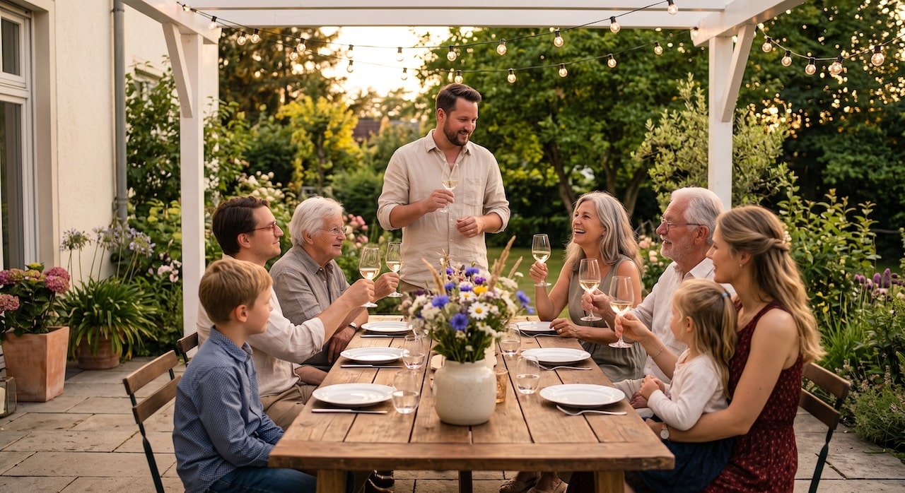 Eine Tochter haelt beim 60. Geburtstag ihrer Mutter die Rede vor der Familie