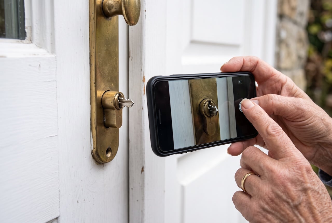 Abgebrochener Schlüssel steckt im Schloss einer weißen Haustür, das abgebrochene Griffstück liegt davor, daneben fotografiert eine ältere Hand das Schloss mit dem Handy