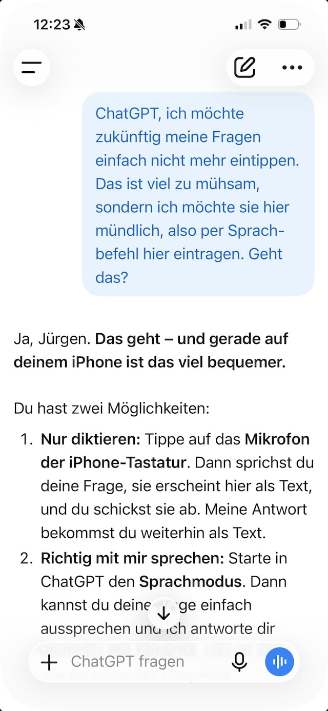Die abgeschickte Frage und der Beginn der Antwort von ChatGPT