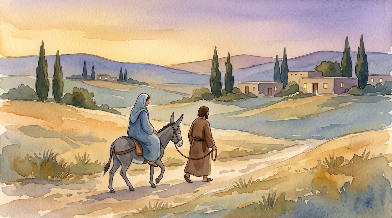 Maria auf einem Esel und Josef daneben unterwegs auf einem staubigen Weg nach Betlehem im Abendlicht