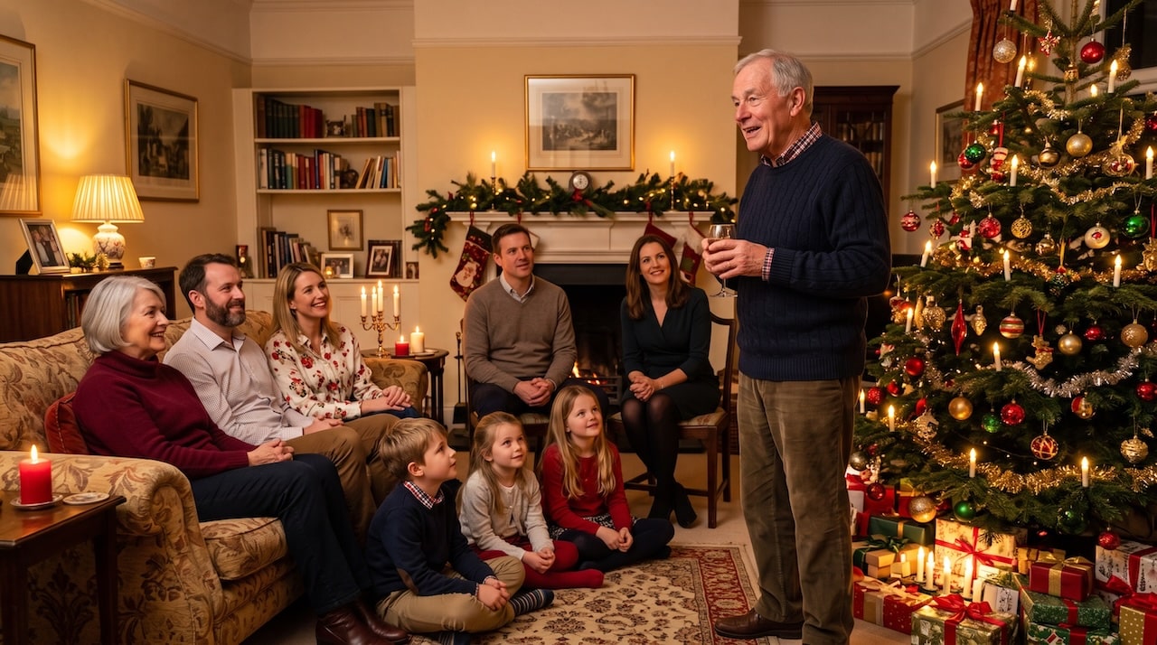 Grossvater haelt an Heiligabend eine kurze Weihnachtsrede vor der versammelten Familie