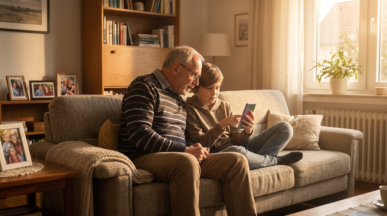 Grossvater und Enkelkind schauen gemeinsam auf ein Smartphone