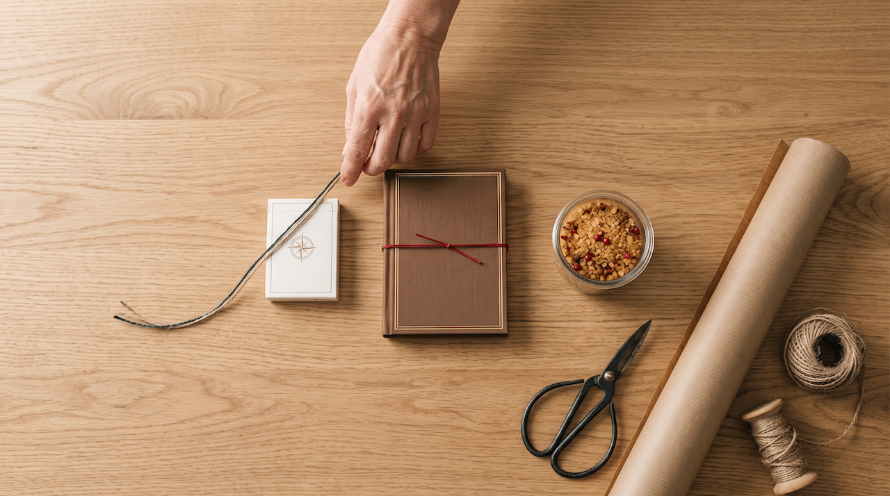 Drei kleine Wichtelgeschenke nebeneinander auf einem Holztisch, daneben Packpapier, Schere und Bindfaden
