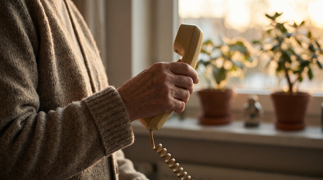 Eine ältere Hand hält ein Festnetztelefon, im Hintergrund unscharf ein Fenster mit Abendlicht